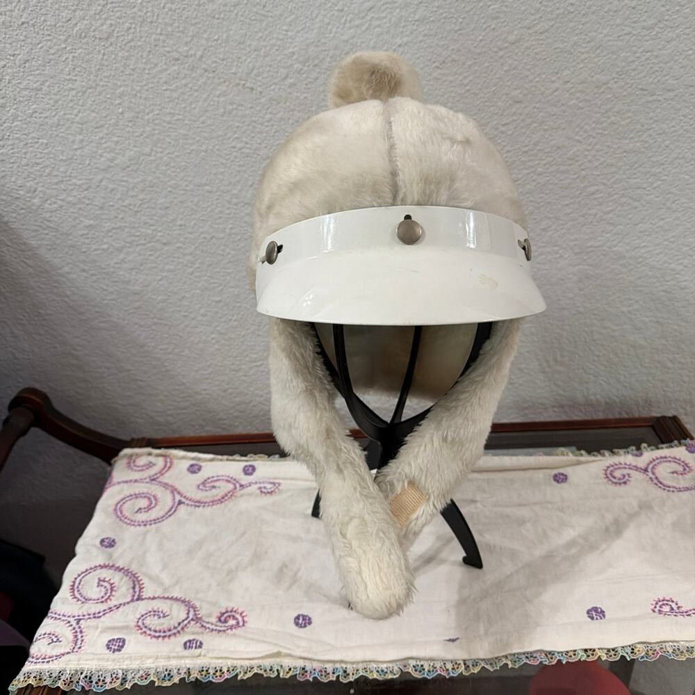 White fuzzy hat helmet Size Large (Needs some TLC)